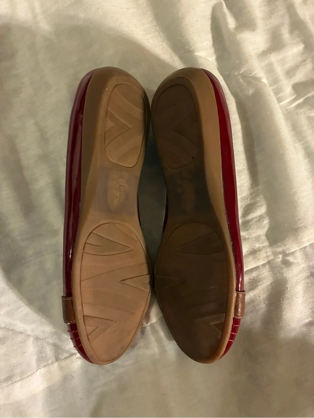 Joan & David Red Patent Leather Flats with Brown Buckle Accent